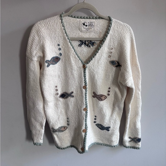 Planet Earth Imports Sweaters - Cream Knit Cardigan with Fish
